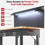 Workbench with Wheels 60 x 22 Inch Adjustable Height Work Table for Garage Heavy Duty Rubberwood Tabletop Work Bench with LED, Drawers, Pegboard, Power Outlets for Office Home Commercial