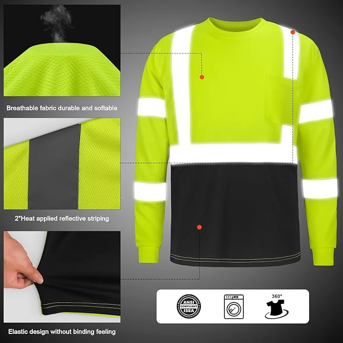 High Visibility Class 3 T Shirts，Hi Vis Safety Shirts with Reflective Strips and Pocket, Long Sleeve Quick Dry Mesh Construction Work Shirt for Men/Women Black Bottom Lime,3XL