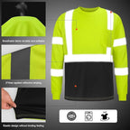 High Visibility Class 3 T Shirts，Hi Vis Safety Shirts with Reflective Strips and Pocket, Long Sleeve Quick Dry Mesh Construction Work Shirt for Men/Women Black Bottom Lime,Large