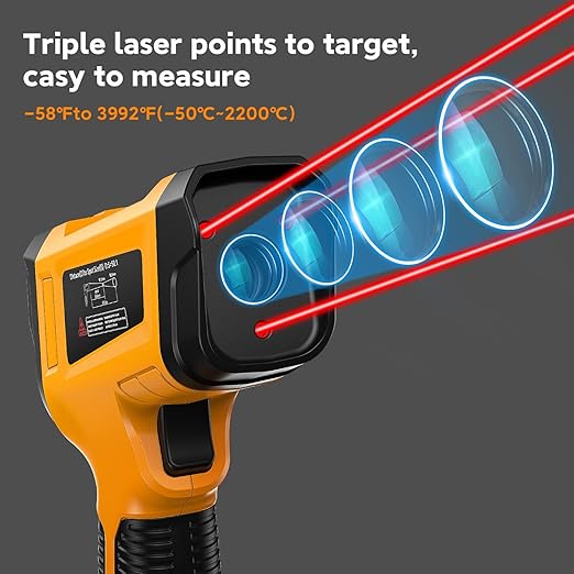 -58°F to 3992°F High-Precision Triple-Laser Infrared Thermometer, 50:1 Measuring Range, Suitable for Industrial and Home Applications, Industrial furnaces, Metal Processing, and HVAC Inspection