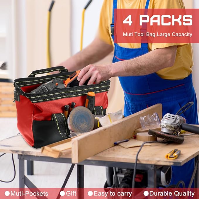 4 Pieces Tool Bag with Waterproof Strong Molded Base Multi Pockets Wide Mouth Tool Tote Multifunctional Tool Bag Large Capacity Organizer Heavy Duty Tool Storage Bag (Red,13 Inch)