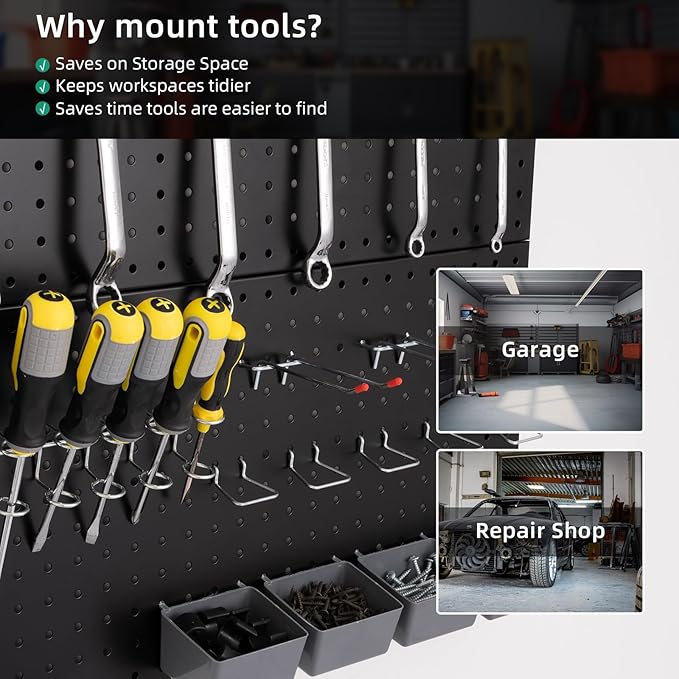 Peg Board, Metal Pegboard Wall Organizer Control, Black Pegboard for Walls Peg Board Tool Organization, Steel Pegboard Tool Board for Garage Wall Mount 2 Pcs 32x16 Inch, Metal Pegboard Panels