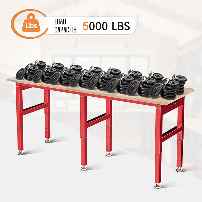 SPECRAFT 72" Red Adjustable Heavy Duty Workbench with 4 AC Outlet and 2 USB Ports Power Outlets, 5000 Lbs Capacity, Rubber Wood Top for Garage, Workshop, Office
