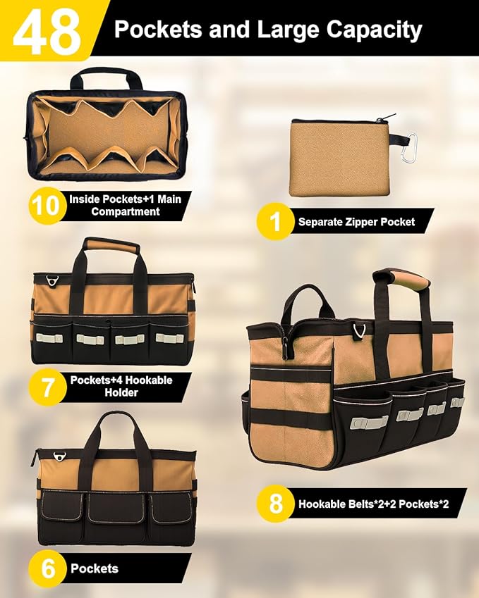 15 Inch Heavy Duty Tool Bag-48 Pockets,1680D Tear&Abrasion Resistant,Includes Tool Pouch,Tool Belt,Magnetic Wristband&Adjustable Shoulder Strap | Tool Organizer(Brown)