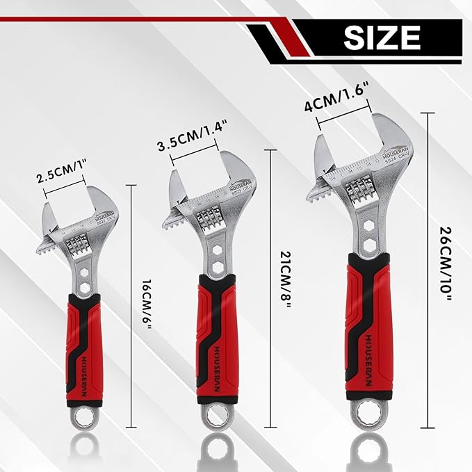 3-piece Adjustable Wrench Set, 6, 8, 10 Inch, Wide Jaw Adjustable Wrench Set with Metric & SAE Scales, Cr-V Steel Wrenchs with Tool Box