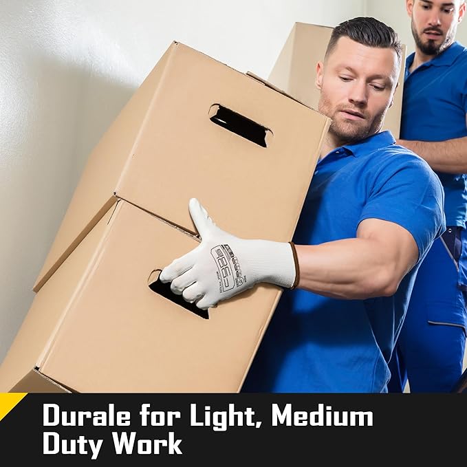 COOLJOB 60 Pairs Safety Work Gloves Pack Bulk with Grip PU Coating, 13 Gauge Seamless Knit Gloves with Polyurethane Dipped for Warehouse Working, Breathable Lightweight for Men Women, White Large