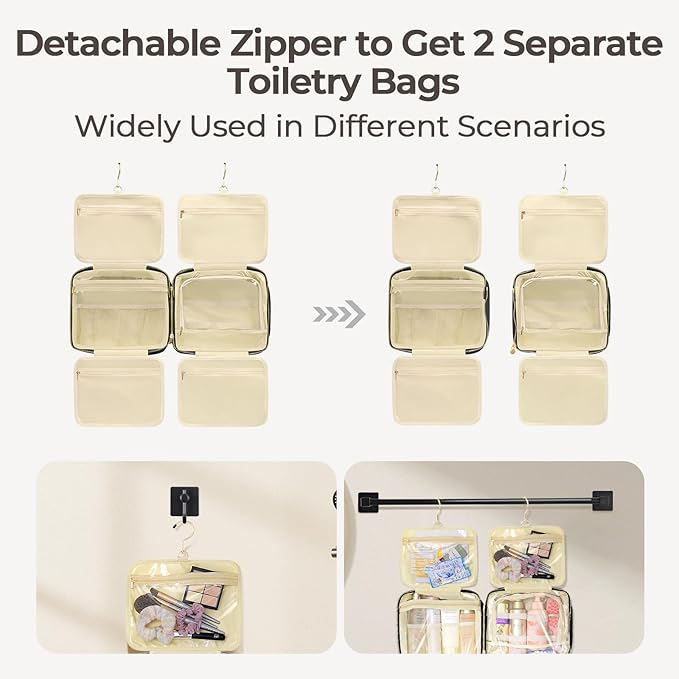 Hanging Travel Toiletry Bag for Women Detachable Toiletry Bag with 6 Compartments Large Makeup Bag Cosmetic Organizer for Bathroom Shower Business Trips Camping，Black