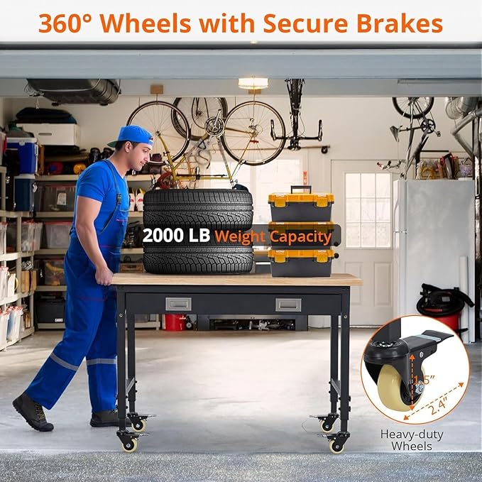 Work Bench 48" Adjustable Height, Heavy-Duty Portable Workbench with Power Outlets and Drawer for Garage & Workshop, 2000 LBS Load Capacity, Work Table for Office, Home, Easy Assembly