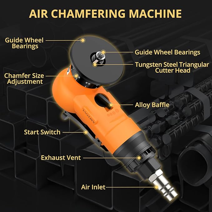 AMTOVL Air Chamfer Tool - Mini Pneumatic Chamfering Machine, 30000 RPM Pneumatic Chamfering Tool, 45 Degree Air Beveling Machine with 1/4 Inch Air Inlet for Metal, Wood, Acrylic Deburring (Orange)