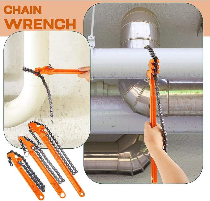 Lasnten 3 Pcs Large Reversible Chain Oil Filter Wrench with 12 16 9 Inch Chain Wrench Adjustable Heavy Duty Carbon Steel Sturdy Pipe Fitting Tool Spanner for Ratcheting Universal(Orange)