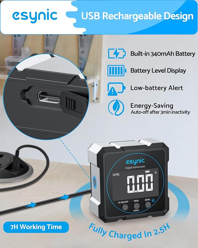 eSynic Portable Digital Angle Finder with Laser Waterpoof 4 Sides Magnetic Digital Inclinometer Level Box Backlight LCD Display Rechargeable Digital Angle Gauge (Laser Level Class II,Output: 0.51mW)