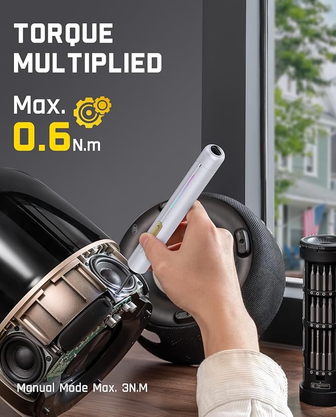 Fanttik E2 Ultra Mini Electric Screwdriver, Cordless Screwdriver, Max 0.6N.m, 50 Magnetic Bits, 5/32'' Hex, Magnetic Storage, Repair Tool for Electronics, Camera, Laptop, and PC Build (White)