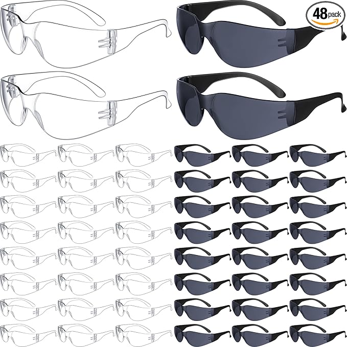 48 Pack Safety Glasses Bulk Clear Safety Goggles Black Tinted Eye Protection Glasses Anti Dust Impact Scratch Resistant Protective Eyewear for Men Women Work Lab Construction Carpentry Shooting