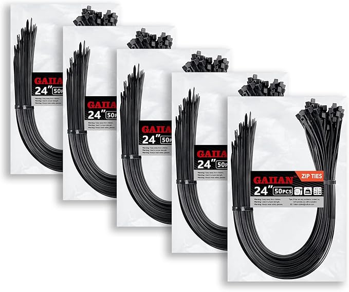 Long Zip Ties Heavy Duty 24 inch, Large Zip Ties with 200 lbs Tensile Strength, Big Cable Ties, Black, 250 Pack, by GAIIAN
