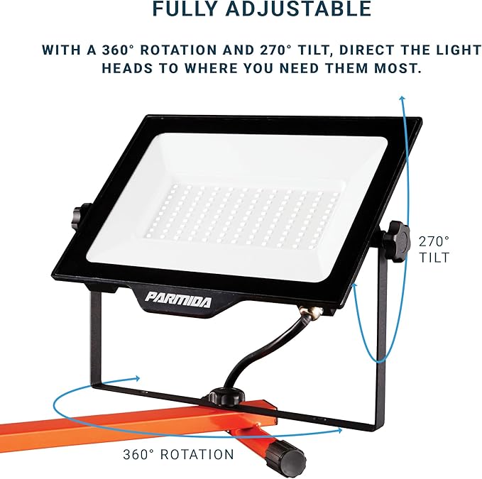 PARMIDA LED Dual-Head Work Light, 6ft Adjustable Tripod Stand, 20,000 Lumen, 200W, UL Approved Power Cord, Durable Aluminum Body, IP65 Waterproof, Foldable Stand, Multi-Directional & Detachable Heads