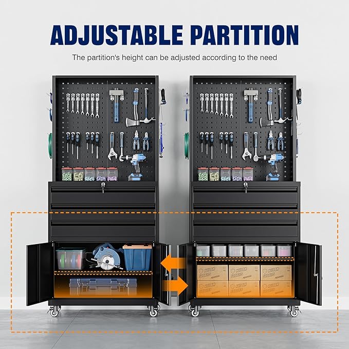 Yizosh Metal Garage Storage Cabinet with Wheels,3-Drawer Rolling Tool Cabinet with 2 Door and Adjustable Shelves,- 71" Steel Tool Cabinet for Warehouse,Garage,Workshop