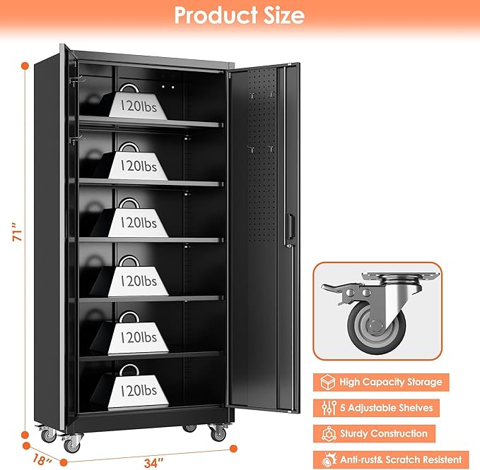Aobabo 71" H×34" W×18" D Metal Storage Cabinet with Wheels, Locking Steel Storage Cabinet with 4 Hooks, 5 Shelves for Garage, Home Office, School, Assembly Required, Black