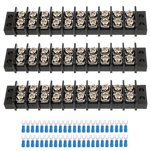 10 Circuits 10 Positions Terminal Block 20-30A 200-450V Dual Row Screw Terminals Strip with 60 PCS Heat Shrink Wire Fork Connectors(Pack of 3pcs)