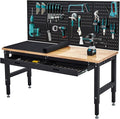 60 Inches Workbench, Rubber Wood Tabletop Work Table with 2 Drawers & Pegboard, 3000 LBS Heavy Duty Adjustable Height Work Bench with Power Outlets for Workshop, Office, Garage