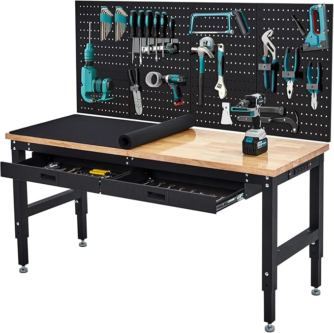 60 Inches Workbench, Rubber Wood Tabletop Work Table with 2 Drawers & Pegboard, 3000 LBS Heavy Duty Adjustable Height Work Bench with Power Outlets for Workshop, Office, Garage
