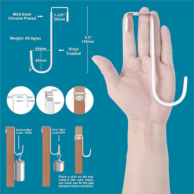 Over The Door Metal Hooks with Plastic Coating 5.5" Fit 0.5" to 1 3/8" Door 10 Pcs Heavy Duty Single Towel Robe Rack Wreath Bathroom Shower Hanger Shoe Organizer Ironing Board Short White