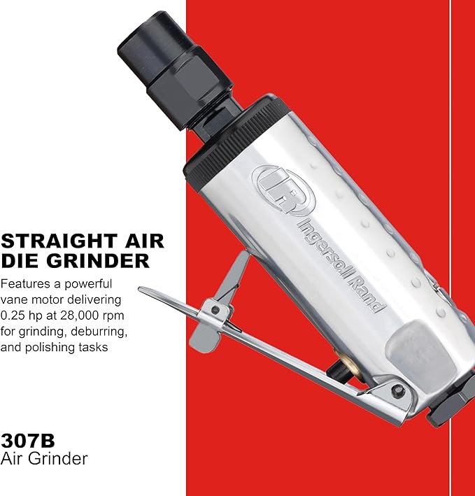 Ingersoll Rand 307B 1/4” Air Die Grinder, Straight, 28,000 RPM, 0.25 HP, Ball Bearing Construction, Safety Lock, Aluminum Housing, Lightweight Power Tool