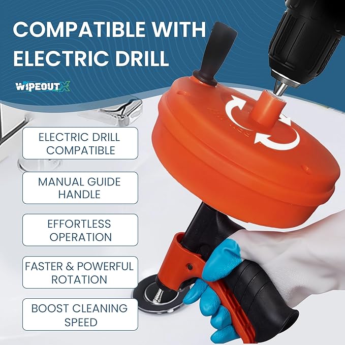 50ft drain auger with Drill Attachment Kit Includes drain snake Gloves Glasses Brushes Plastic Drainers and Bag for Quick Clog Removal