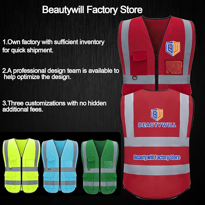 BeautyWill Custom Safety Vest Customized Logo Class 2 High Visibility Reflective Vest with Pockets Construction workwear