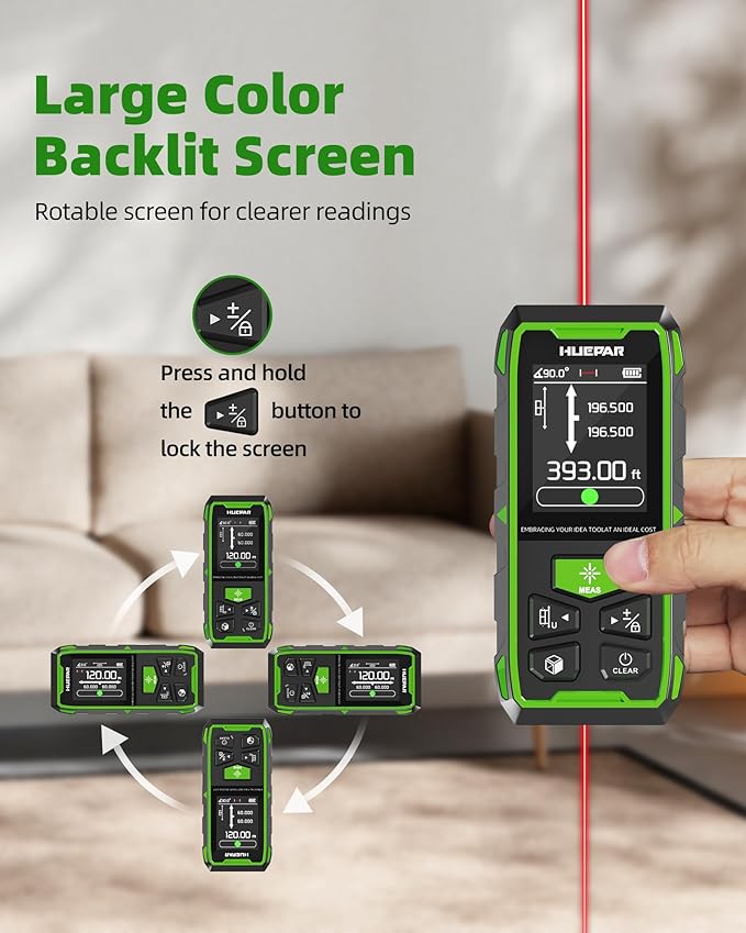 Huepar Professional Dual Laser Measuring Tool 393ft, Rechargeable Bilateral Laser Measurement Tool, Digital Laser Room Measure Devices, Metro Laser Measurement Tool with Angle Sensor, Magnetic Back