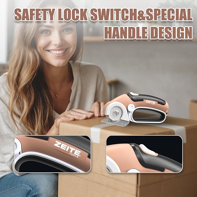 ZEITE 4V Cordless Electric Scissors Cardboard Cutter with 2 Blades,Storage Case,Rotary Cutter for Box Plastic Carpet Fabric, Easy to Hold and Safe,Mocha