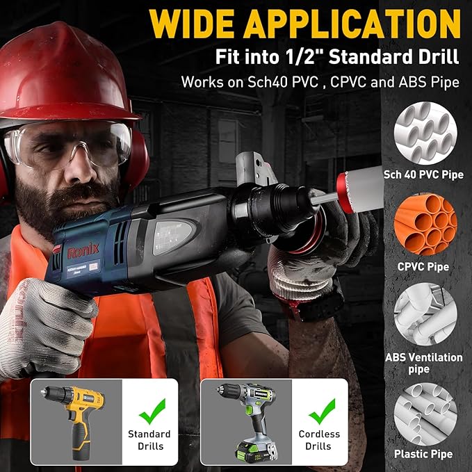 5Pcs PVC Pipe Reamer Kit With 3/4inch, 1inch,1-1/2inch, 2inch, 3inch Head Aluminum, PVC Fitting Saver Socket Saver For SCH40 PVC pipe, Fit for Standard 1/2" Drill