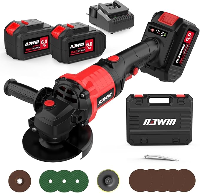 NAWIN Cordless Angle Grinder, 4-1/2 Inch Variable Speed Angle Grinder, Cordless Grinder With 2×6.0Ah Battery And Charger, 9000rpm Brushless Motor, Battery Angle Grinder Tool For Metal Wood（6.0Ah）