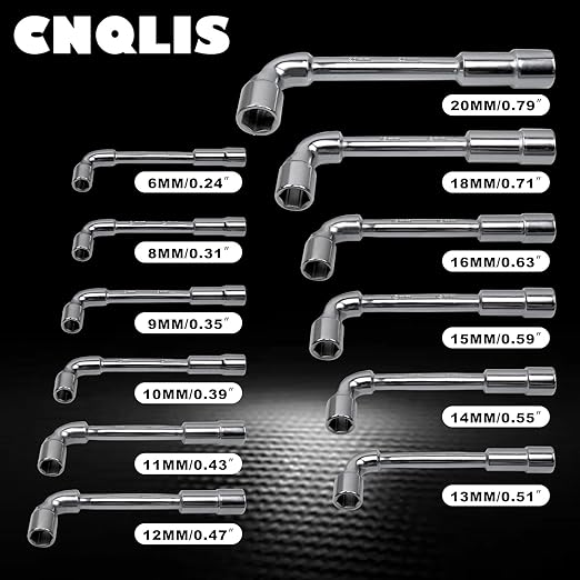 CNQLIS 12 Pcs L-Type Pipe Perforation Elbow Wrench Set, L Shaped Hex Socket Wrench Set, 6-20mm, Chrome Alloy Steel, 6 Point,Metric