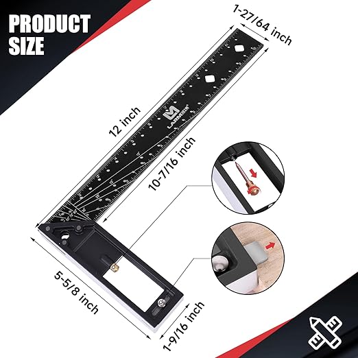 12 Inch Framing Square Carpenter Square, Tri Square Tool, Try Square for Woodworking, T Square Ruler, L Square Ruler, Right Angle Ruler，Framing Tools, Anodized Ruler Body, Black & Black