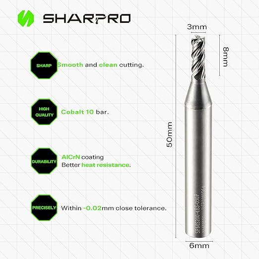 6mm Shank End Mill Bits Set 3mm Cutting Dia. 4 Flutes AlCrN Coated Carbide Square CNC Milling Bits, Apply for Alloy Steel, Stainless Steel, and Various Cast Iron (5PCS)