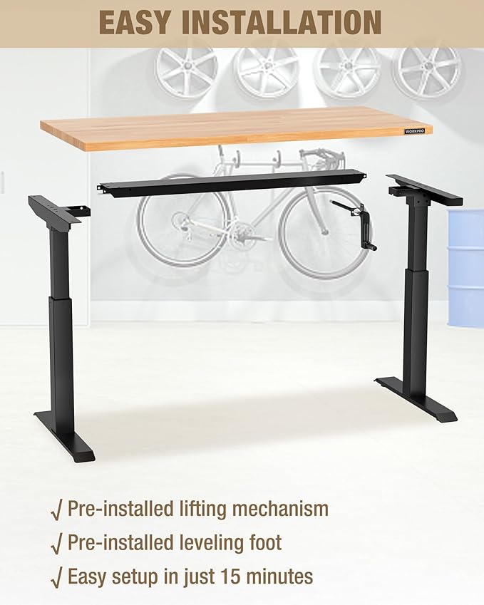 WORKPRO Adjustable Workbench with Crank Handle, 47.2" x 23.6" Rubber Wood Worktable 300LBS Load Capacity,Height-Adjustable Standing Desk for Workshop, Garage