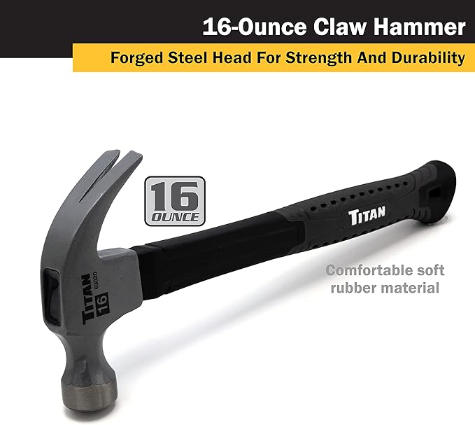 Titan 63020 16oz Claw Hammer, Forged Steel Head, 13" Shock Absorbing Fiberglass Handle with Textured Grip