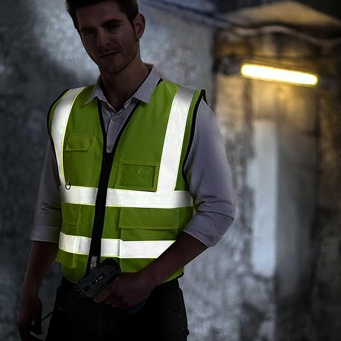 5 Pockets Class 2 High Visibility Safety Vest with Reflective Strips, Pockets Zipper Front Meets