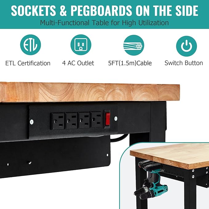 60 Inches Workbench, Rubber Wood Tabletop Work Table with 2 Drawers & Pegboard, 3000 LBS Heavy Duty Adjustable Height Work Bench with Power Outlets for Workshop, Office, Garage