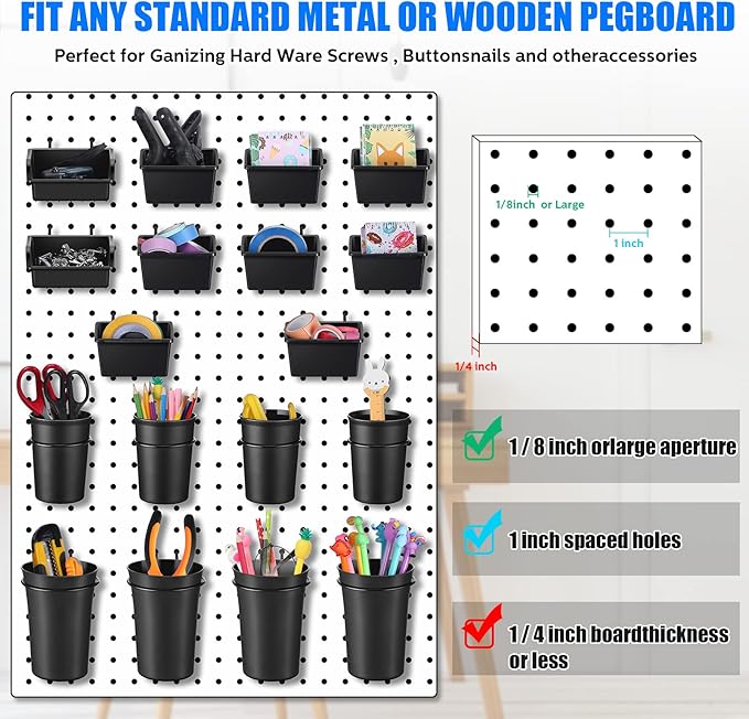 64 Pieces Pegboard Bins Pegboard Cups with Hooks and Loops Peg Hooks Assortment Organizer Accessory for Organizing Accessories Tools Storage Office Workshop Garage Workbench (Black)