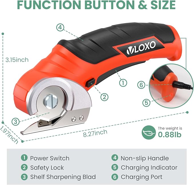 VLOXO Electric Scissors, Cordless Cardboard Cutter Power Box Cutter with Safety Lock, Multi-Cutting Tools for Cardboard, Rechargeable Mini Scissors for Plastic Leather Canvas with Storage Box Orange