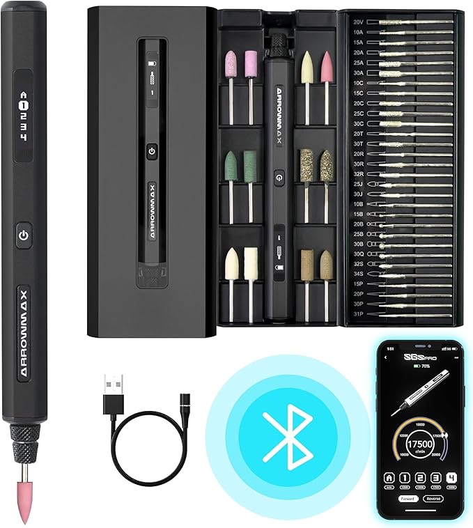 AM ARROWMAX Mini Engraving Pen with 42 Bits - Rotary Tool Smart Motion Control, OLED, Bluetooth, APP, Wireless Magnetic Charge, Engraving Pen for Metal, Wood, Glass and Plastic (SGS PRO) Black