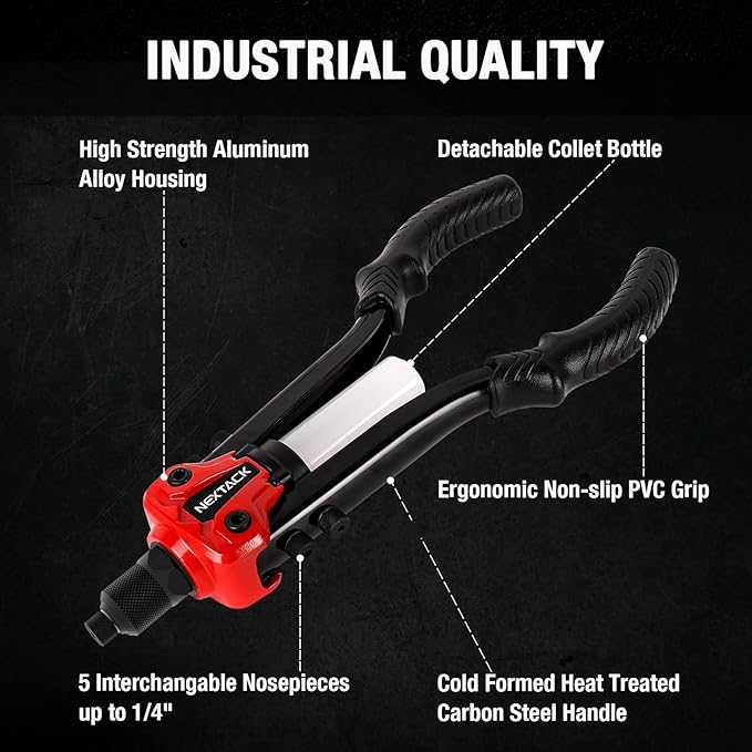1/4 Rivet Gun w/ 350pc Assorted Rivets, Pop Rivet Gun Kit w/ 5pc Nosepieces, Two-Handed Heavy Duty Riveter Tool Setter with Shaft Container for Van, Gutter & Automotive(NT300)