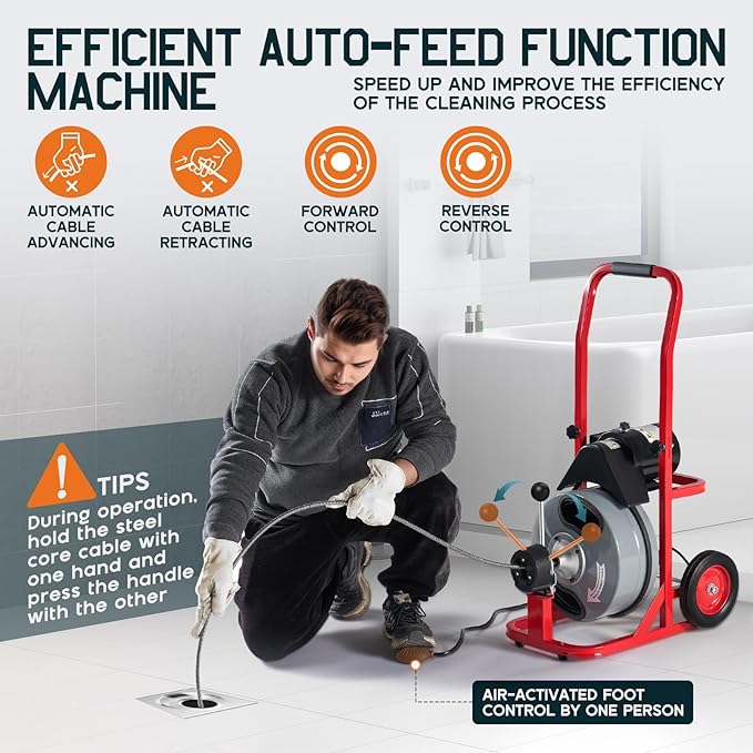 Albott 75 FT x 3/8 inch Electric Drain Cleaner Machine with Auto-Feed & 10 Cutters, Sewer Snake Auger for 1–4 Inch Pipes, Foot Switch & Wheels, Ideal for Commercial & Home Use, Gray/Red