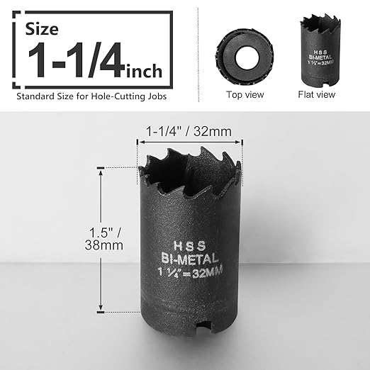 1-1/4 Inch Hole Saw with 1/2" Triangle Shank Quick Change Arbor, JTemgle Bi-Metal Hole Saw Heavy Duty Hole Cutting Tool for Cornhole Boards, Recessed Lights, Wood, Plastic, Drywall & Soft Metal