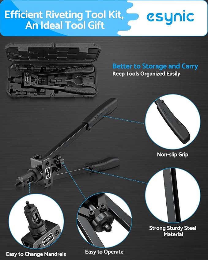 eSynic Professional Rivet Nut Tool Kit - 14" Heavy Duty Rivnut Gun with 6 Mandrels & 80pcs Nuts- Metric & SAE Thread Set for Metal/Wood/Auto Repair, Ergonomic Comfort Grips & Carrying Case Included