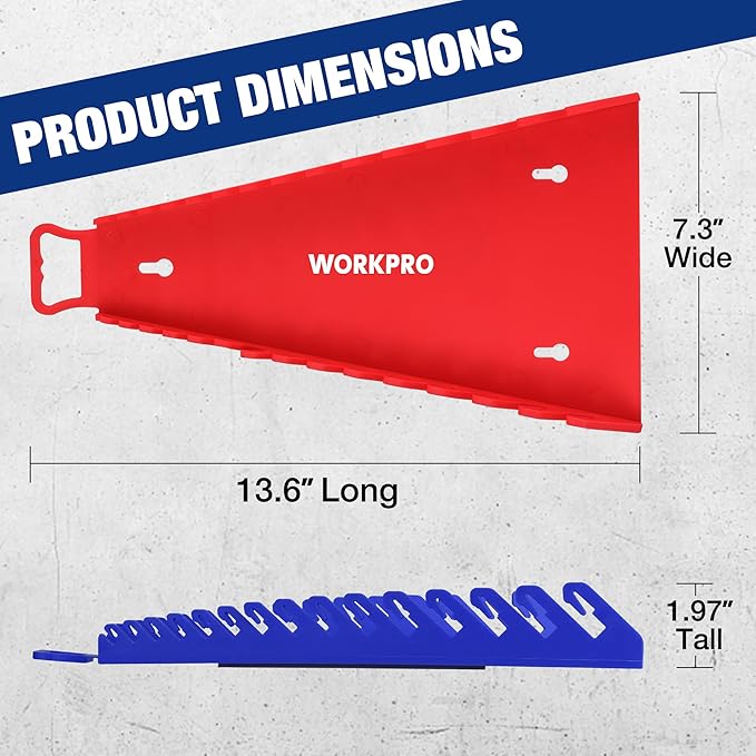 WORKPRO Magnetic Wrench Organizer, 15-Slot Gripper Reverse Wrench Holder for Tool Box, 2-Pack Wrench Rack Fits SAE (1/4” to 1-1/16") and Metric (6mm to 27mm), Flexible Grips, Blue and Red