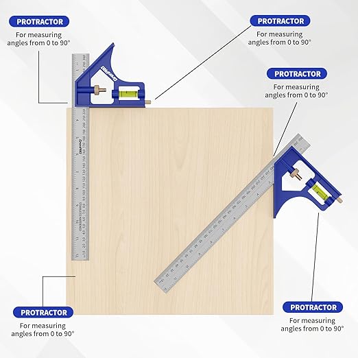 Square Combination Woodworking Tools, 7inch Carpenter Square Wood Working Tools and Accessories, 12inch Square Ruler, Includes Small Bubble Level, Protractor Angle Ruler Carpentry Tool