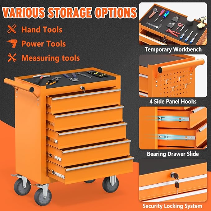 5 Drawers Large Capacity Tool Box, Metal Rolling Tool Chest with Wheels and Drawers, Tool Storage Cabinet with Keyed Locking, Tool Organizer Box for Garage, Workshop, Warehouse (Orange)