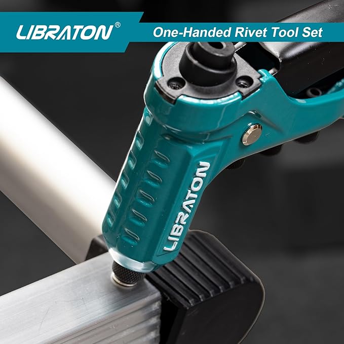 Libraton One-Handed Rivet Gun, Pop Rivet Gun Set, Professional Hand Riveter, Manual Riveting Tool with 200 Rivets for Metal, Includes 4 Drill Bits, 4 Tool-Free Interchangeable Heads, Storage Case